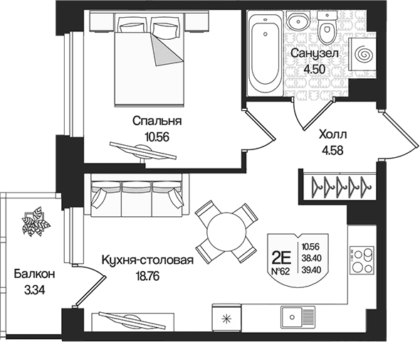 Планировка: Евродвушка 38,4 м² в ЖК «Охтинские высоты»