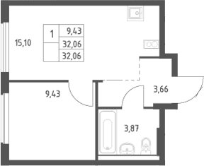 Планировка: Евродвушка 32,1 м² в ЖК «Большое Юрлово»