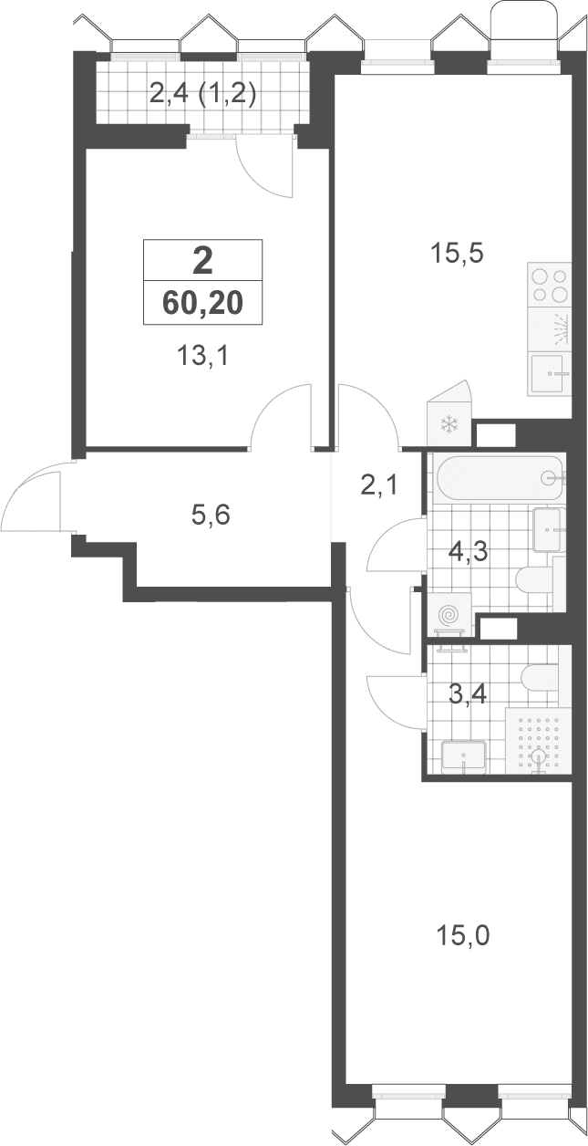 Планировка: 2-комнатная квартира 59 м² в ЖК «Деснаречье»