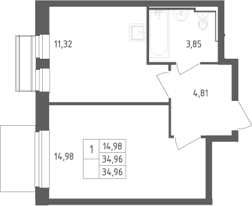 Планировка: 1-комнатная квартира 35 м² в ЖК «Рублевский квартал»