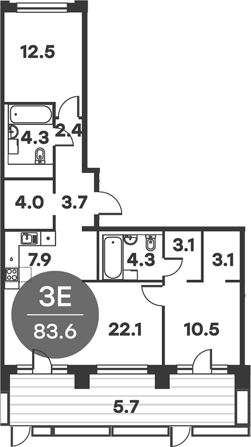 Планировка: Евротрёшка 83,6 м² в ЖК «Равновесие»