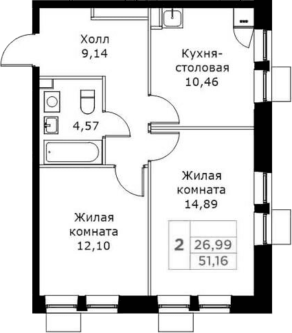 Планировка: 2-комнатная квартира 51,2 м² в ЖК «КИТ»