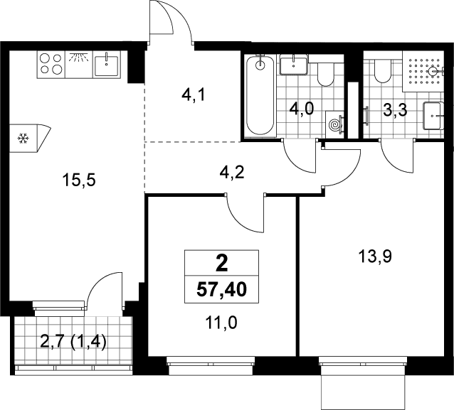 Планировка: Евротрёшка 56 м² в ЖК «Деснаречье»