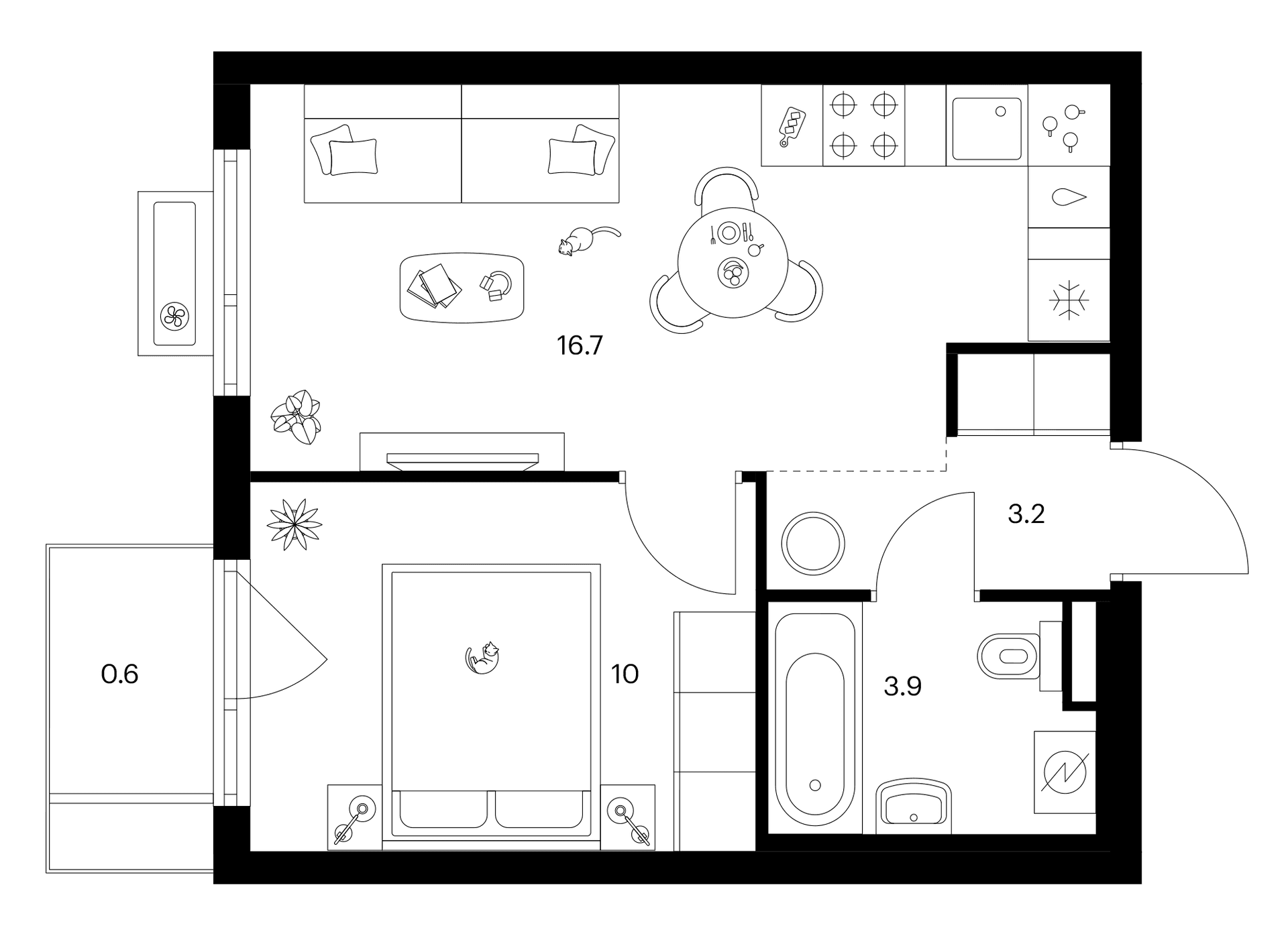 Планировка: 1-комнатная квартира 33,8 м² в ЖК «Белая Дача парк»
