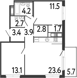 Планировка: Евротрёшка 66,9 м² в ЖК «Передвижники»