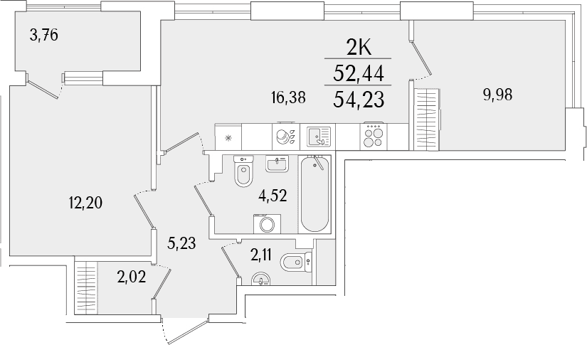 Планировка: Евротрёшка 52,4 м² в ЖК «Гранат»