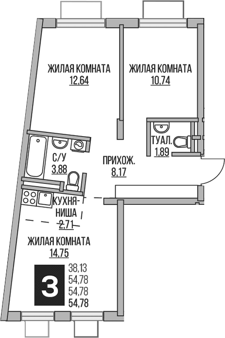 Планировка: Евротрёшка 54,8 м² в ЖК «Гранель Аникеевский»