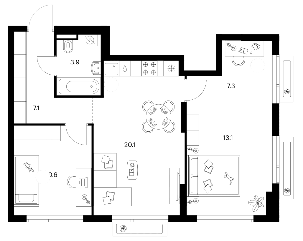 Планировка: 2-комнатная квартира 62,1 м² в ЖК «Зеленый парк»