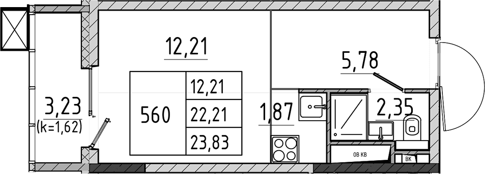 Планировка: Студия 22,2 м² в ЖК «Поварово-Молодежный-2»