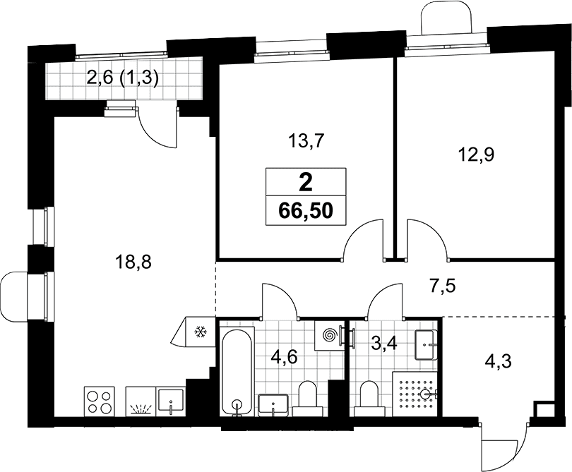 Планировка: Евротрёшка 65,2 м² в ЖК «Прокшино»