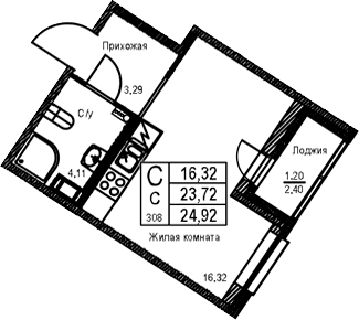 Планировка: Студия 23,7 м² в ЖК «ID Kudrovo II»