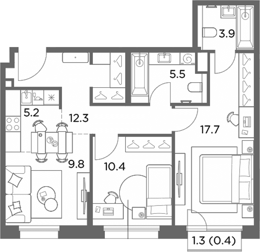 Планировка: Евротрёшка 64,8 м² в ЖК «Станиславский»