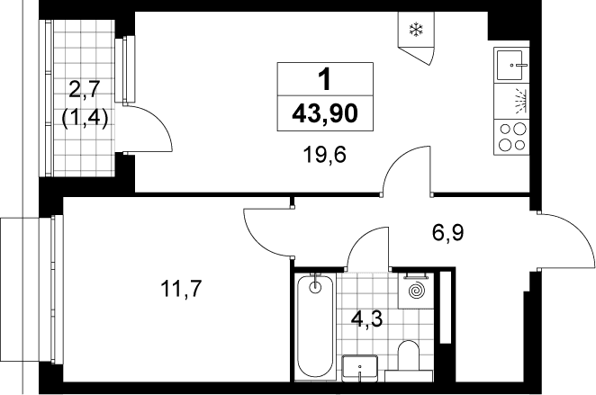 Планировка: Евродвушка 42,5 м² в ЖК «Деснаречье»