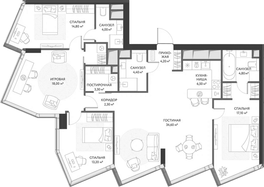 Планировка: Квартира евро-5 129 м² в ЖК «ХАЙДАУТ»