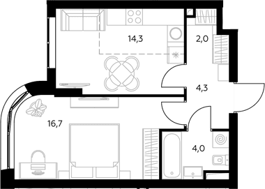 Планировка: 1-комнатная квартира 41,5 м² в ЖК «Адмирал»