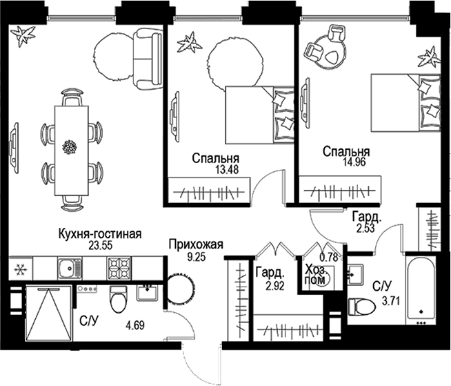 Планировка: Евротрёшка 75,9 м² в ЖК «ID Petrogradskaya»
