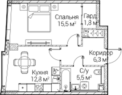 Планировка: 1-комнатная квартира 42,1 м² в ЖК «СЕЗАР БУДУЩЕЕ»