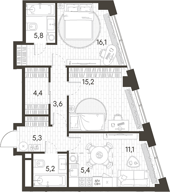 Планировка: Евротрёшка 72,1 м² в ЖК «Родина Парк»