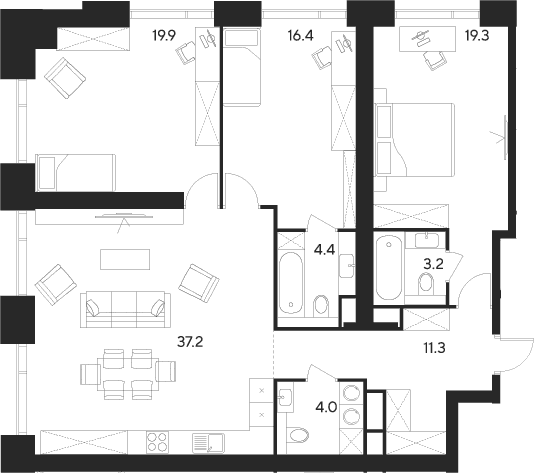 Планировка: Квартира евро-4 115,7 м² в ЖК «Инди Тауэрз от Аквилон»