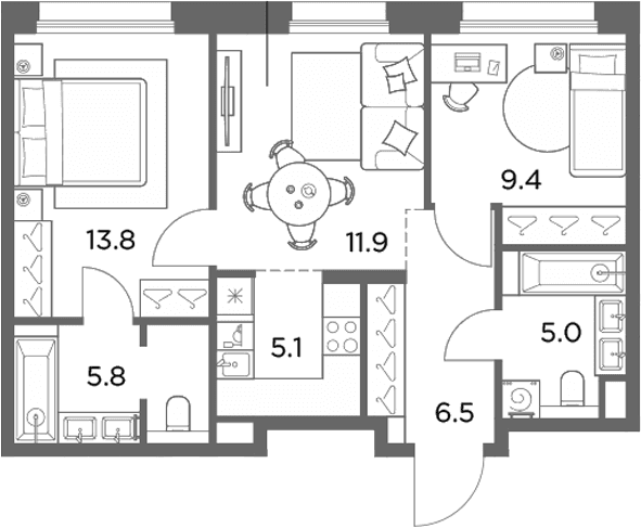 Планировка: Евротрёшка 57,5 м² в ЖК «Станиславский»