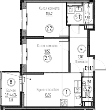 Планировка: 2-комнатная квартира 47 м² в ЖК «Аквилон Верба»