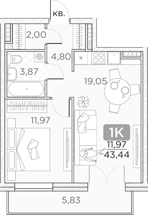Планировка: Евродвушка 41,7 м² в ЖК «Гильдия»