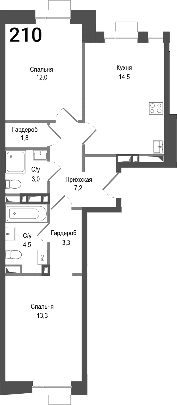 Планировка: 2-комнатная квартира 59,6 м² в ЖК «Киноквартал»