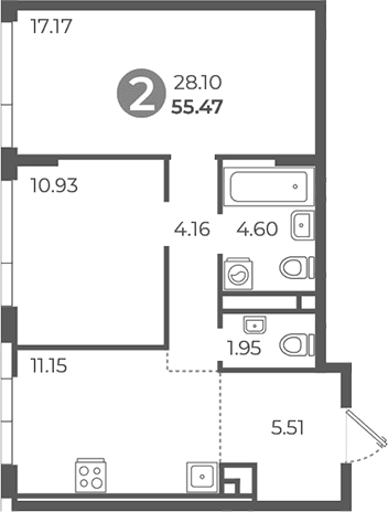 Планировка: 2-комнатная квартира 55,5 м² в ЖК «Нижегородская от Гранель»
