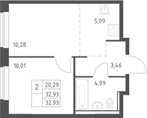 Планировка: Евродвушка 32,9 м² в ЖК «Егорово парк»