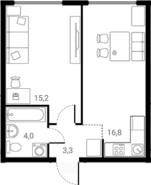 Планировка: 1-комнатная квартира 39,3 м² в ЖК «Лесная Коллекция»