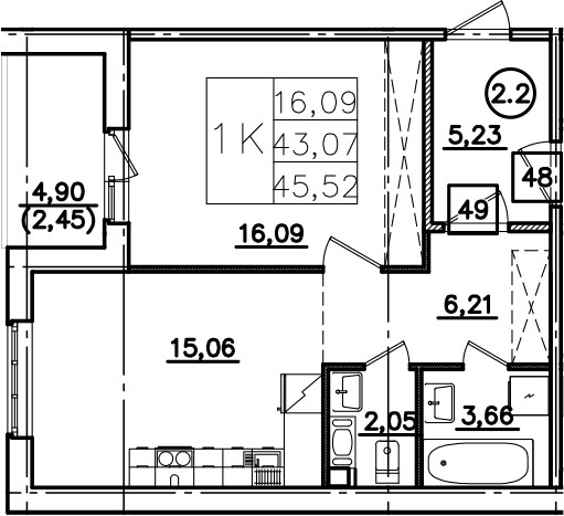 Планировка: Евродвушка 43,1 м² в ЖК «Ю Гатчина»