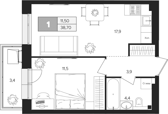 Планировка: 1-комнатная квартира 37,7 м² в ЖК «Ласточкино»