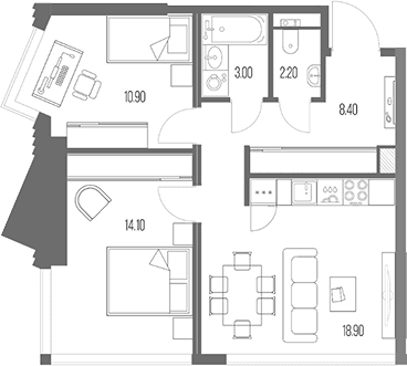 Планировка: 2-комнатная квартира 57,5 м² в ЖК «Северный Порт»