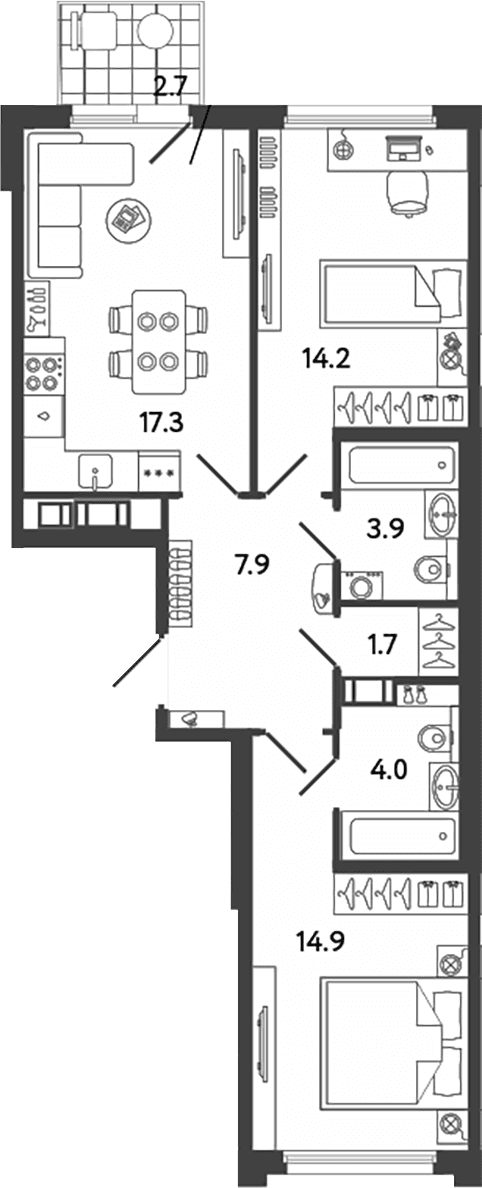 Планировка: Евротрёшка 63,9 м² в ЖК «Гений»