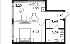Планировка: Евродвушка 42,7 м² в ЖК «СОЛОС»