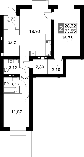 Планировка: Евротрёшка 73,6 м² в ЖК «Жаворонки Клаб»