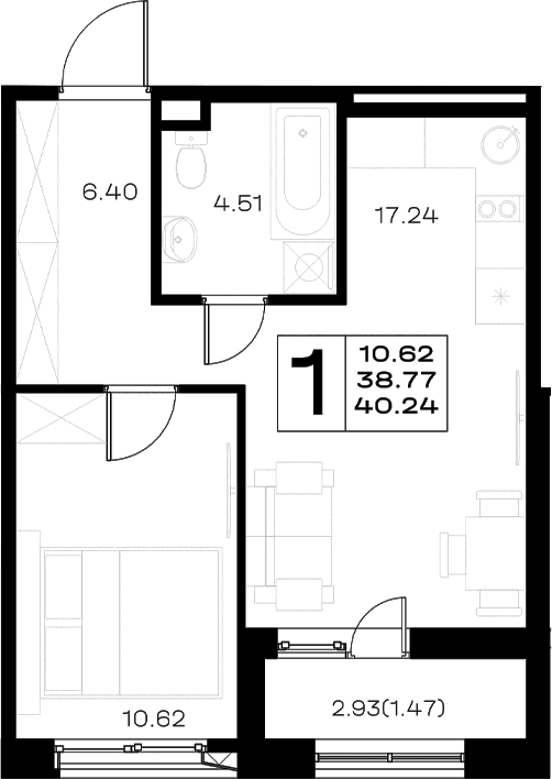 Планировка: Евродвушка 38,8 м² в ЖК «Борский»