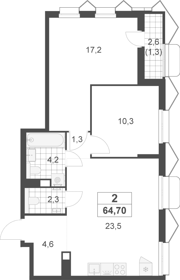 Планировка: Евротрёшка 63,4 м² в ЖК «Деснаречье»