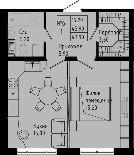 Планировка: 1-комнатная квартира 43,9 м² в ЖК «PIXEL»