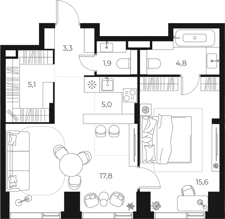 Планировка: Евродвушка 53,5 м² в ЖК «МАСТЕРС»