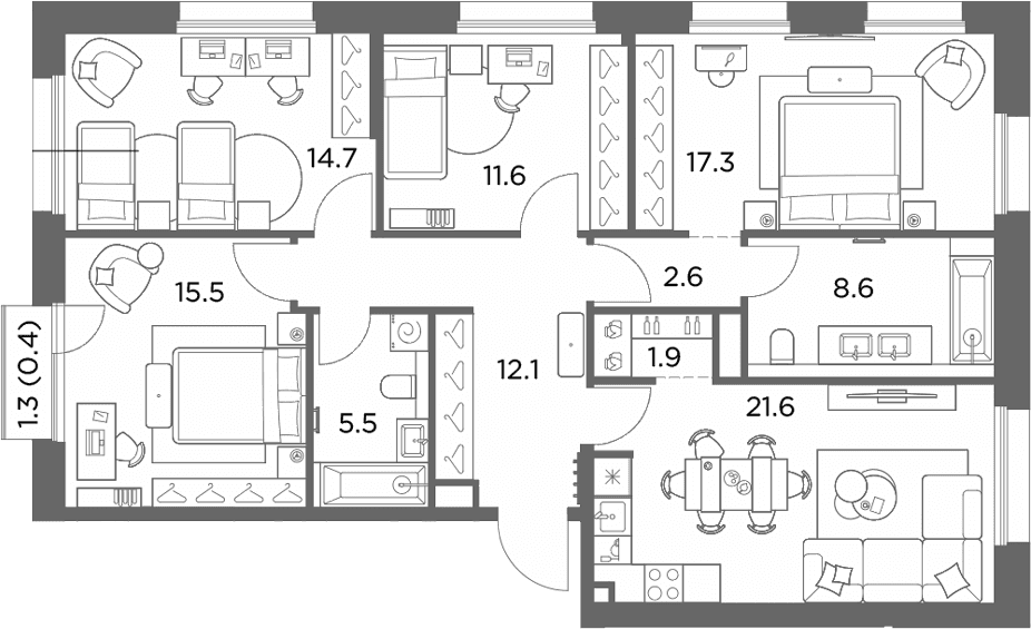 Планировка: 4-комнатная квартира 111,4 м² в ЖК «Станиславский»
