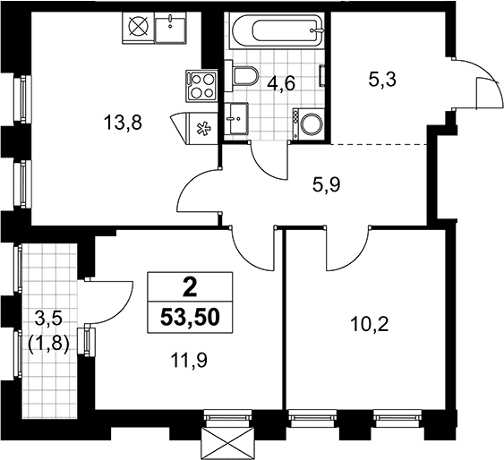 Планировка: Евротрёшка 51,7 м² в ЖК «Деснаречье»
