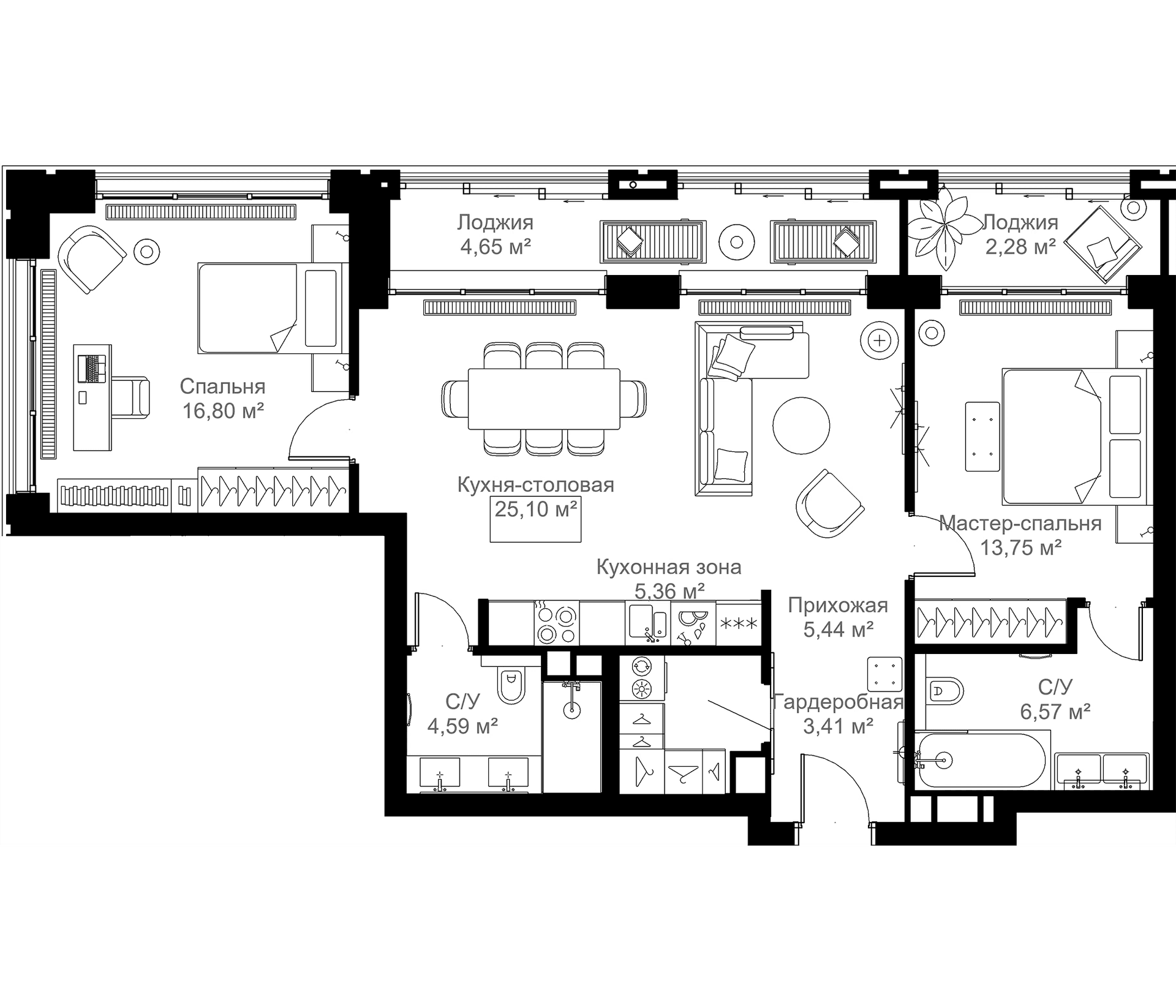 Планировка: 3-комнатная квартира 123,2 м² в ЖК «МЫС»
