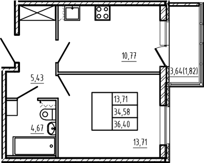 Планировка: 1-комнатная квартира 34,6 м² в ЖК «Новая история»