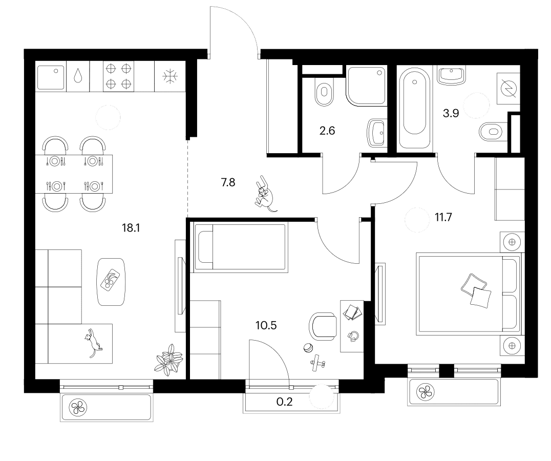 Планировка: 2-комнатная квартира 54,6 м² в ЖК «Белая Дача парк»