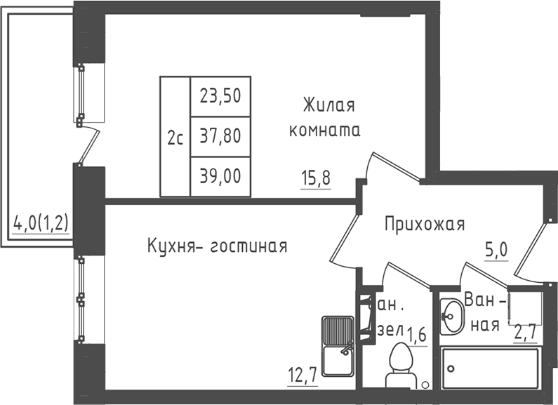 Планировка: 1-комнатная квартира 37,8 м² в ЖК «Зеленый город»