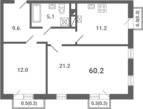 Планировка: 2-комнатная квартира 59,1 м² в ЖК «Южная Долина»
