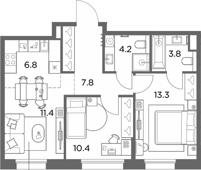 Планировка: Евротрёшка 57,7 м² в ЖК «Станиславский»