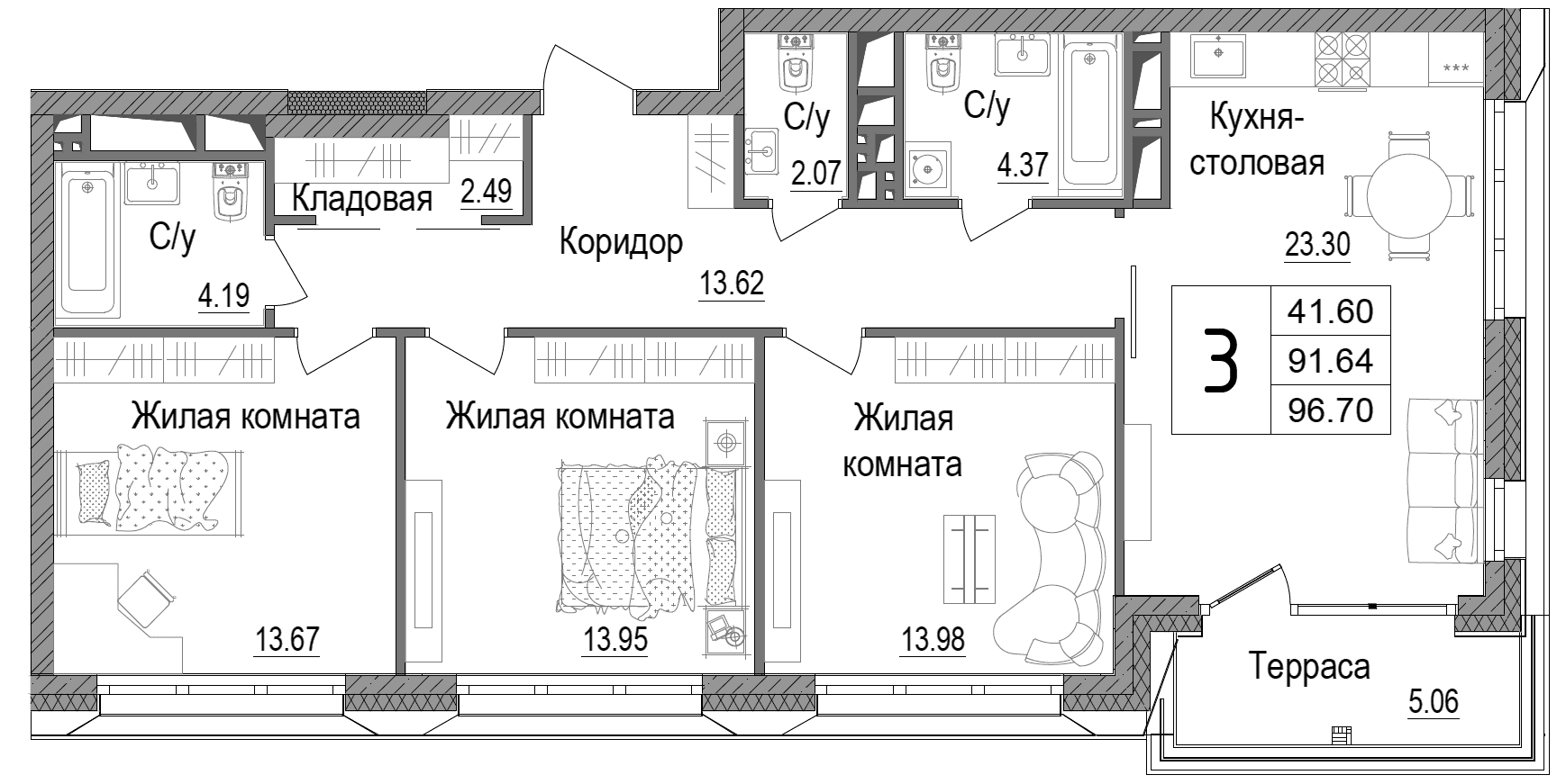 Планировка: 3-комнатная квартира 87,6 м² в ЖК «АРТ»