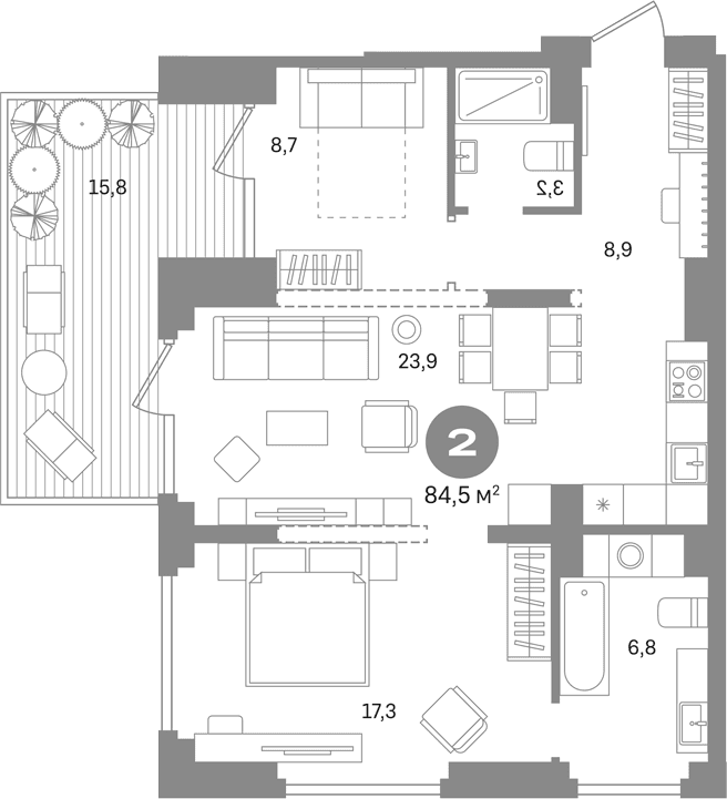 Планировка: 2-комнатная квартира 68,7 м² в ЖК «Первый квартал. Вторая очередь»